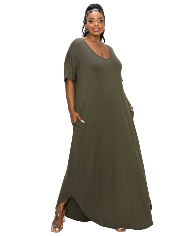 Front of a model wearing a size 1X Scarlett Maxi Dress in Olive by L I V D. | dia_product_style_image_id:363655